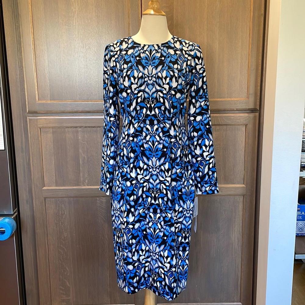 Maggy London Blue White Black Printed Midi Dress